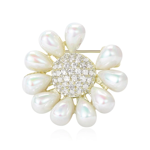 Elegante Broche de Flor de Cobre Con Circonia Microincrustada y Pétalos de Perla Artificial Joyería Floral para Mujer