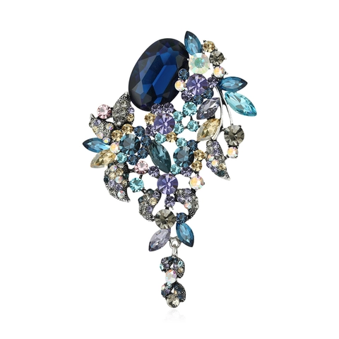 Broche Vintage de Cobre con Borla de Flor de Strass Lujo Grande Pin de Planta de Cristal para Mujer Traje Vestido Boda Fiesta Accesorio