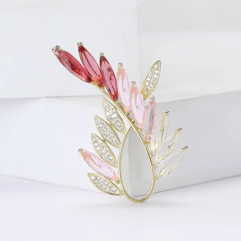 Elegant Copper Zirconia Olive Branch Leaf Brooch Micro Inlaid Gold Plated Crystal Corsage Jewelry Pin For Women Suit