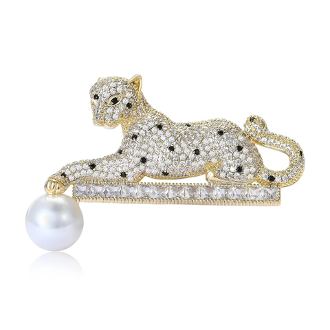 Lussuosa Spilla Leopardo Pantera Rame Intarsiato Strass Perla Artificiale Animale Spilla da Bavero Elegante Gioielli Individuali Decorazione Accessorio per Uomo Donna Regalo