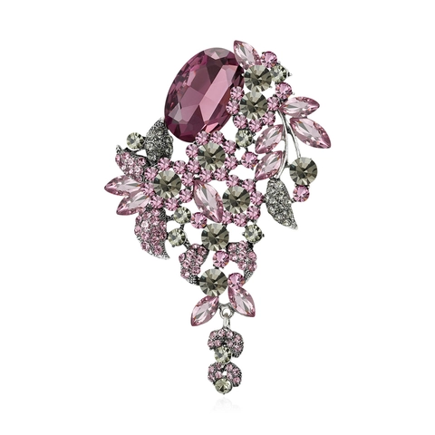 Broche Vintage de Cobre con Borla de Flor de Strass Lujo Grande Pin de Planta de Cristal para Mujer Traje Vestido Boda Fiesta Accesorio