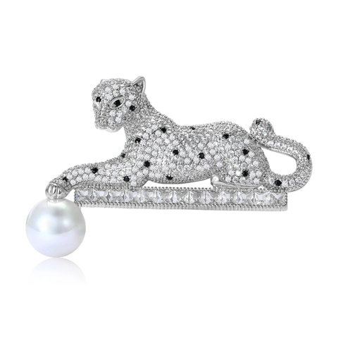 Lussuosa Spilla Leopardo Pantera Rame Intarsiato Strass Perla Artificiale Animale Spilla da Bavero Elegante Gioielli Individuali Decorazione Accessorio per Uomo Donna Regalo