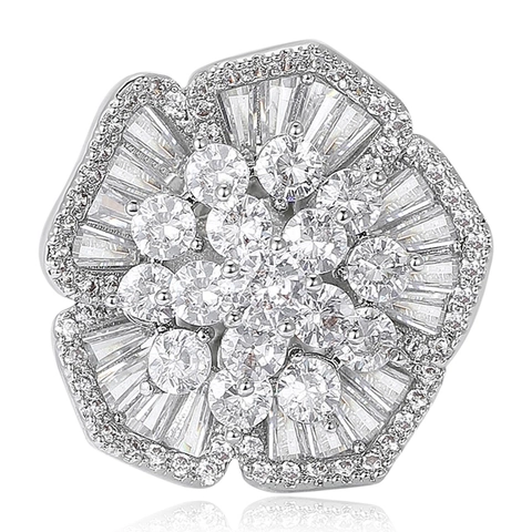 Elegant Copper Zirconia Flower Brooch For Women Small Floral Lapel Pin For Suit Scarf Cardigan Accessories Silver Tone