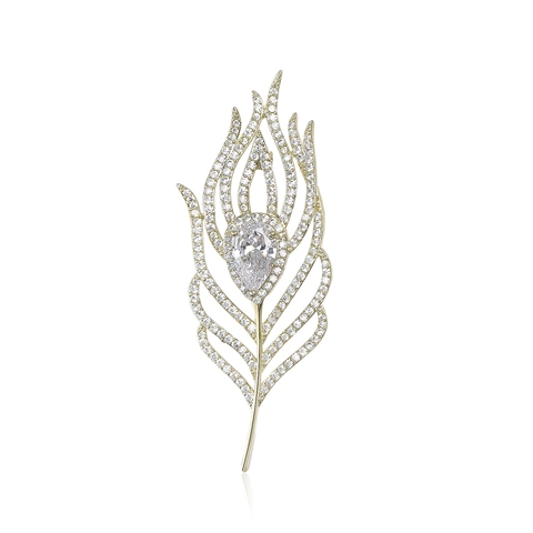 Eleganter Kupfer Zirkonia Feder Brosche Für Damen Light Luxury Mikro-Pave High-End Korsage Anzug Kleid Nadel Mode Schmuck Zubehör