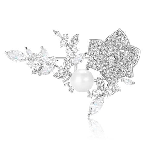 Elegante Spilla a Forma di Rosa in Rame Con Zirconia e Perla Artificiale Lussuosa Spilla Con Strass per Donna Regalo Gioielli