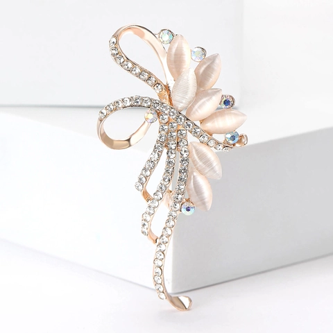Elegante Broche de Ramo de Aleación con Strass y Piedra de Ojo de Gato Artificial para Mujer Broche de Flor con Lazo Joyería de Regalo
