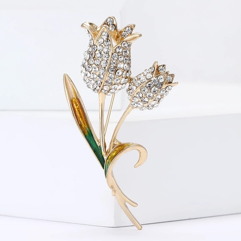 Fashion Alloy Tulip Brooch For Women Sparkling Rhinestone Enamel Floral Pin Elegant Brooch For Suits Cardigan Jewelry