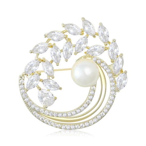 Elegante Spilla a Ghirlanda in Rame e Zirconia Con Perla Artificiale Foglia di Ulivo Corona di Fiori Spilla per Donna Gioielli