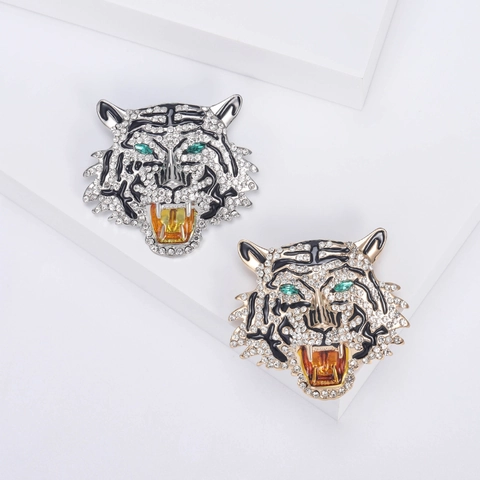 Broche de Cabeza de Tigre de Aleación Vintage con Diamantes de Imitación para Hombre Mujer Alfiler de Tigre Feroz Esmalte Joyería Moda
