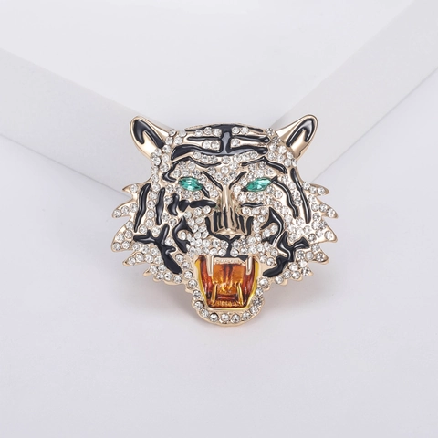 Broche de Cabeza de Tigre de Aleación Vintage con Diamantes de Imitación para Hombre Mujer Alfiler de Tigre Feroz Esmalte Joyería Moda