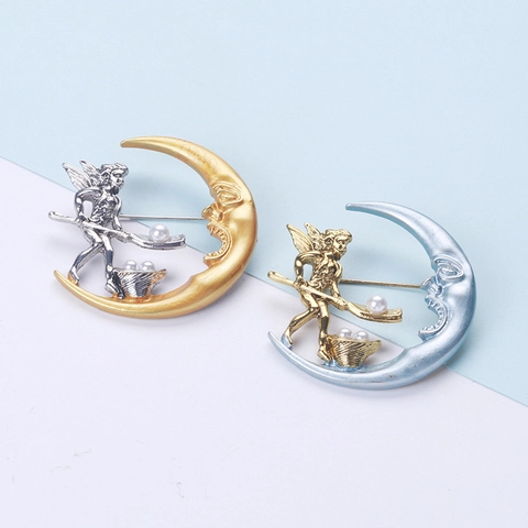 Vintage Alloy Artificial Pearl Moon Angel Brooch Pin Matte Gold Silver Fairy Mythology Fashion Accessory For Women Jewelry