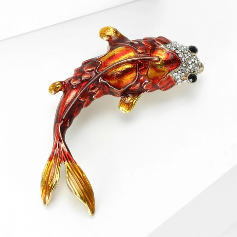 Broche Vintage de Aleación de Pez Koi en Esmalte para Mujer Estilo Chino Rojo Chapado en Oro Diamantes de Imitación Joyería