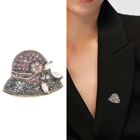 Spilla a Forma di Cappello Vintage in Lega con Strass per Donna Elegante Fiore Intarsiato Spilla da Bavero Gioielli Accessori