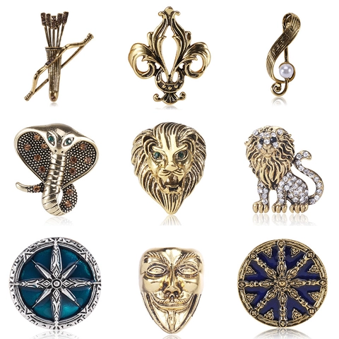 Vintage Legierung Strass Herren Brosche Pin Gothic Tier Schlange Tiger Medusa Totenkopf Schild Abzeichen Anzug Revers Pin Schmuck