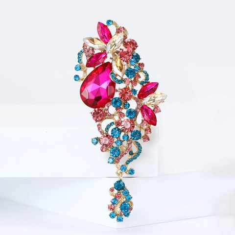 Vintage Alloy Rhinestone Crystal Glass Brooch For Women Exaggerated Elegant Floral Breastpin Jewelry Accessory Party Banquet