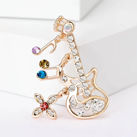 Creative Hollow Guitar Brooch Alloy Rhinestone Music Note Flower Pin For Suit Lapel Korean Style Jewelry Gift For Women Men