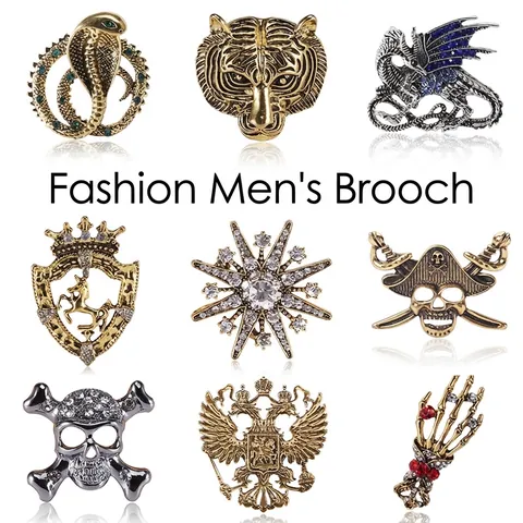 Vintage Legierung Strass Herren Brosche Pin Gothic Tier Schlange Tiger Medusa Totenkopf Schild Abzeichen Anzug Revers Pin Schmuck