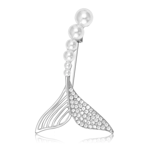Elegant Alloy Mermaid Fishtail Brooch Pin With Artificial Pearl Rhinestone Inlaid Fashion Suit Lapel Pins For Women Jewelry Gift