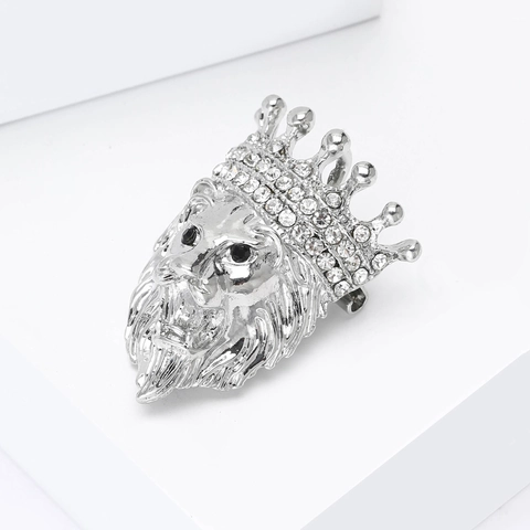 Spilla Vintage Europea a Testa di Leone con Corona in Strass per Uomo Donna in Lega d'Argento per Abiti e Cappotti Gioielli di Moda