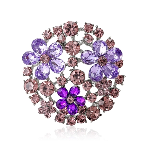 Vintage Round Flower Rhinestone Brooch Alloy Floral Glass Pin For Women Suit Scarf Decoration Elegant Fashion Jewelry Gift