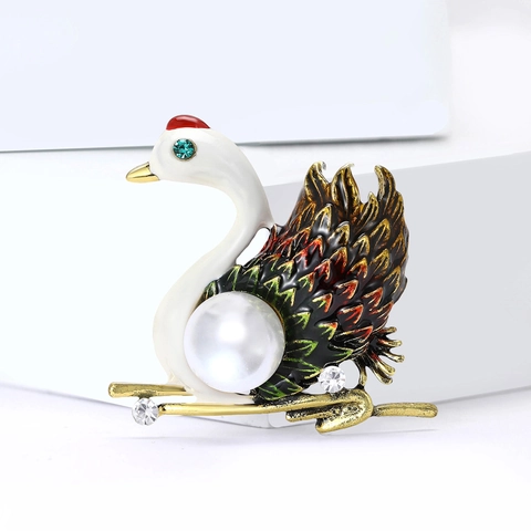 Broche Cygne Vintage en Alliage avec Émail et Perle Artificielle Strass Incrusté Épingle de Revers Animal Bijoux Femme