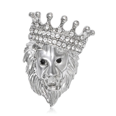 Spilla Vintage Europea a Testa di Leone con Corona in Strass per Uomo Donna in Lega d'Argento per Abiti e Cappotti Gioielli di Moda