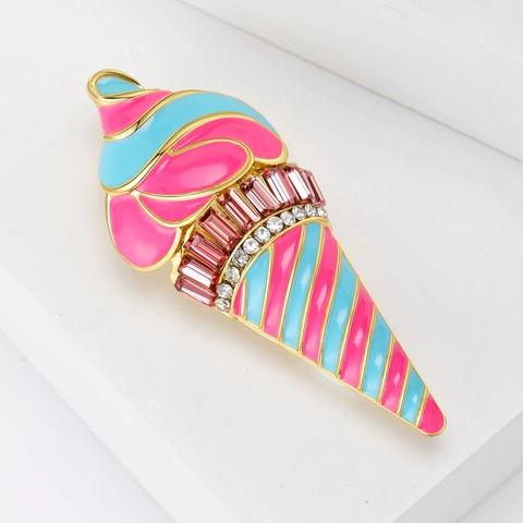 Simpatica Spilla a Cono Gelato in Lega Rosa Blu Smalto Strass Pin da Bavero Moda Dolce Forma di Cibo Spilla per Donna