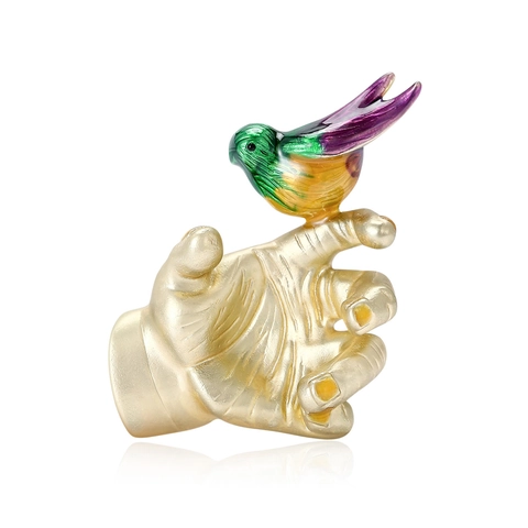 Creative Bird On Hand Alloy Drip Oil Brooch For Women Matt Gold Colorful Bird Lapel Pin Decorative Fashion Jewelry Gift