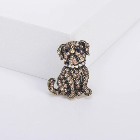 Vintage Pug Dog Rhinestone Brooch Pin For Men Women Alloy Bulldog Animal Lapel Pins Suit Dress Jewelry Accessories Gift