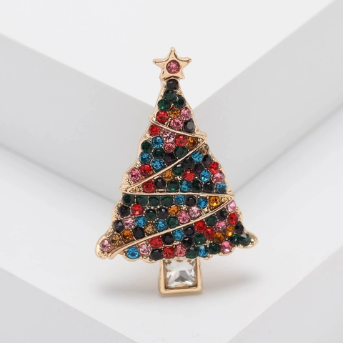 Fashion Gold Plated Alloy Christmas Tree Brooch Pin With Multi Color Rhinestone Inlaid Holiday Jewelry Accessories For Men Women