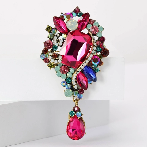 Vintage Legering Strass Brosche Voor Dames Luxe Traanvormige Kristallen Hanger Speld Mode Banket Feest Kleding Accessoire Sieraden