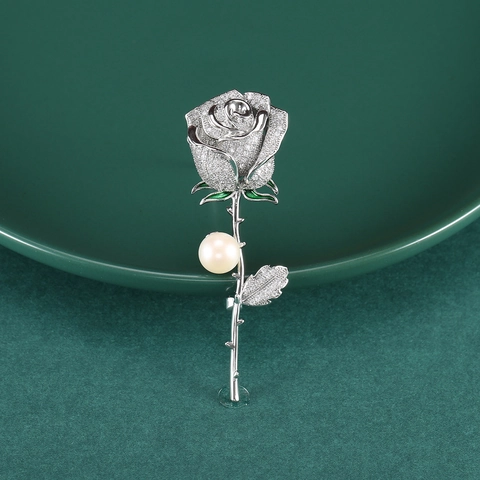 Elegante Broche de Flor de Rosa Para Mujer Cobre Micro Incrustado Circonia Con Perla Artificial Esmalte Joyería Moda