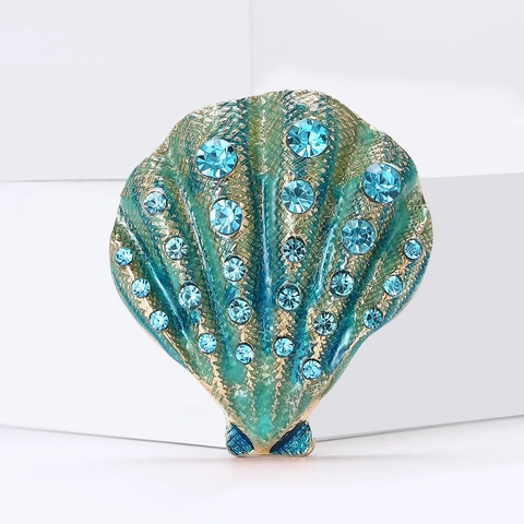 Vintage Alloy Rhinestone Shell Scallop Brooch Drip Oil Enamel Coastal Fashion Suit Coat Breastpin For Women Jewelry Gift
