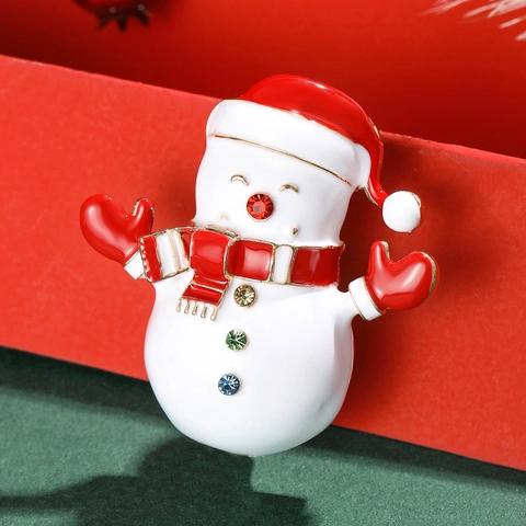 Enamel Christmas Snowman Brooch Pin With Multi Color Rhinestones Alloy Festive Snowman Lapel Pin For Women Holiday Jewelry