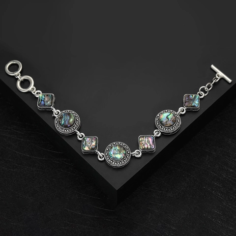 Vintage Legierung Abalone Muschel Eingelegt Geometrische Armband Für Damen Bohemian Bunte Muschel Knebelverschluss Schmuck