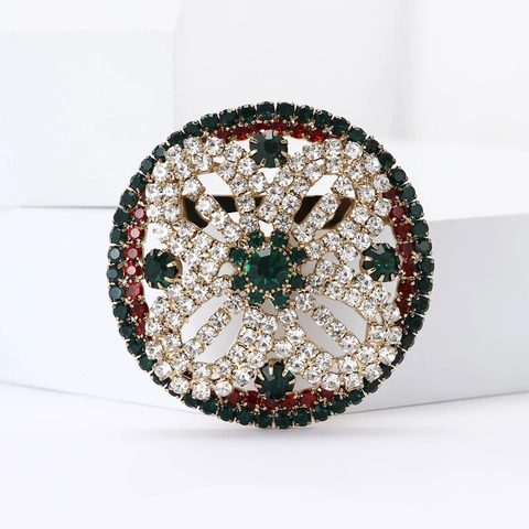 Vintage Round Flower Alloy Brooch With Red Green White Rhinestones Elegant Golden Pin For Women Party Jewelry Accessory