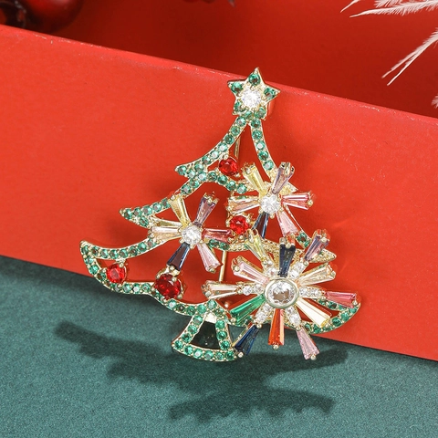 Creativa Spilla ad Albero di Natale Rotante in Rame con Zirconia Intarsiata Placcata Oro Gioielli per Feste Donna Uomo
