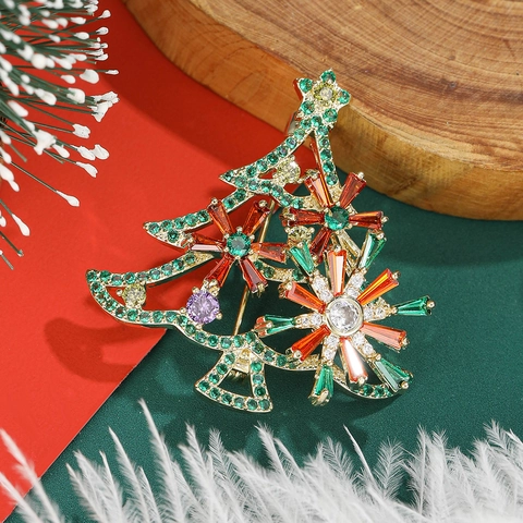 Creativa Spilla ad Albero di Natale Rotante in Rame con Zirconia Intarsiata Placcata Oro Gioielli per Feste Donna Uomo