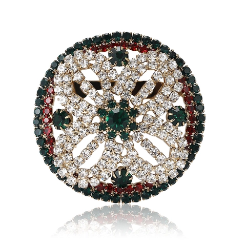 Vintage Round Flower Alloy Brooch With Red Green White Rhinestones Elegant Golden Pin For Women Party Jewelry Accessory