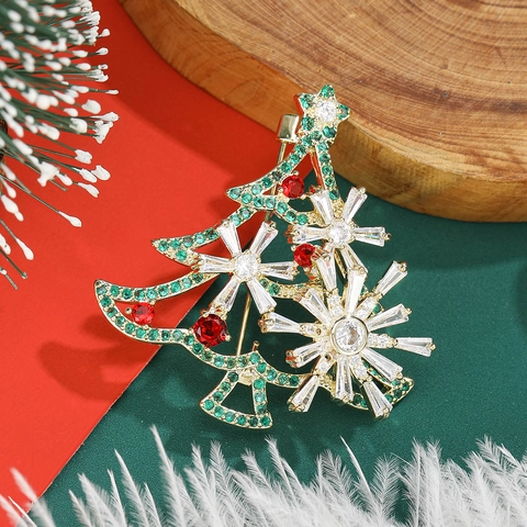 Broche Creativo de Árbol de Navidad Cobre Chapado en Oro Circonita de Colores Diamantes de Imitación para Mujer Regalo