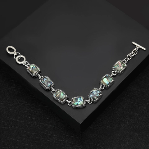 Vintage Ethnic Abalone Shell Bracelet For Women Men Silver Color Alloy Rectangle Geometric Toggle Clasp Bracelet Jewelry