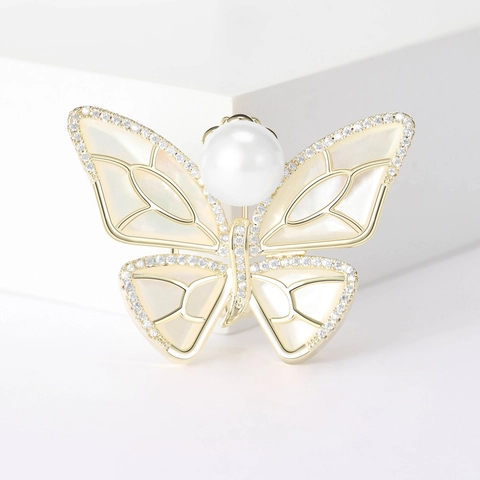 Spilla a Farfalla con Strass Placcata Oro per Donna con Perle Artificiali Intarsio in Madreperla Elegante Spilla per Abito