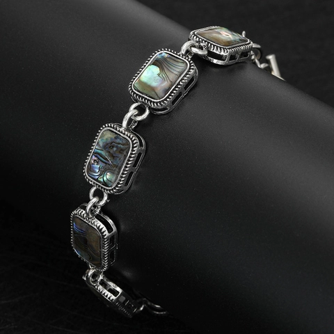 Vintage Ethnic Abalone Shell Bracelet For Women Men Silver Color Alloy Rectangle Geometric Toggle Clasp Bracelet Jewelry