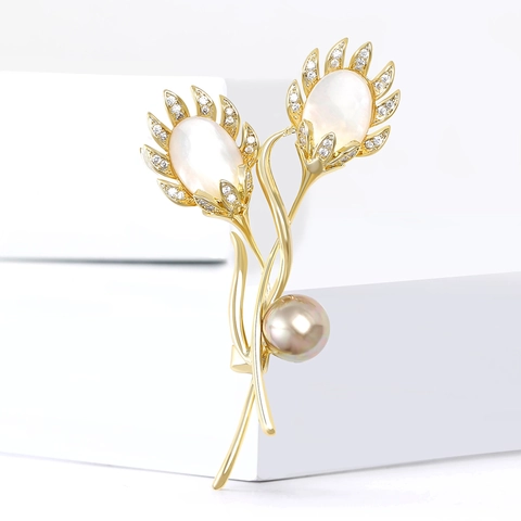 Elegante Spilla a Forma di Fiore di Tulipano in Rame Zirconia per Donna Oro Perla Artificiale Madreperla Intarsiata Spilla Gioielli