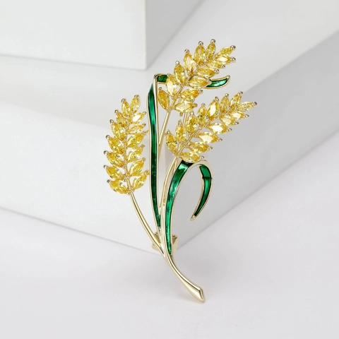 Elegante Broche de Espiga de Trigo en Cobre Dorado Circonia Amarilla Esmalte Verde Moda Oficina Broche Pin Mujer Boda Banquete Joyería
