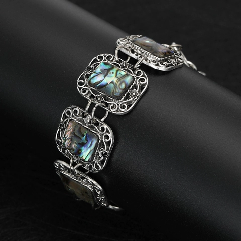 Vintage Legierung Abalone Muschel Gliederkette Hohl Geschnitzt Retro Geometrisch Bohemian Handschmuck Mit Knebelverschluss Für Damen Herren