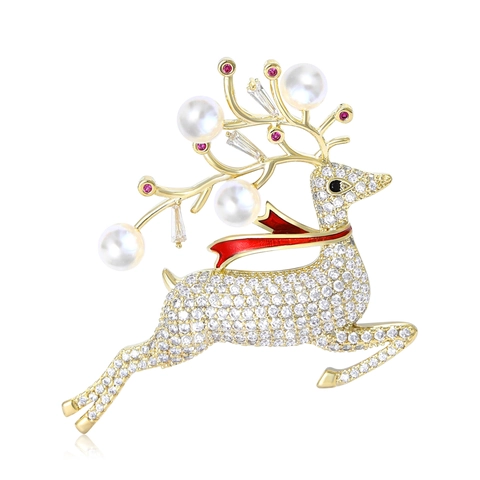 Elegante Spilla Renna per Donna Alce Festivo Rame Micro-Pave Zirconia Perla Artificiale Sciarpa Smaltata Gioielli Animali Regalo