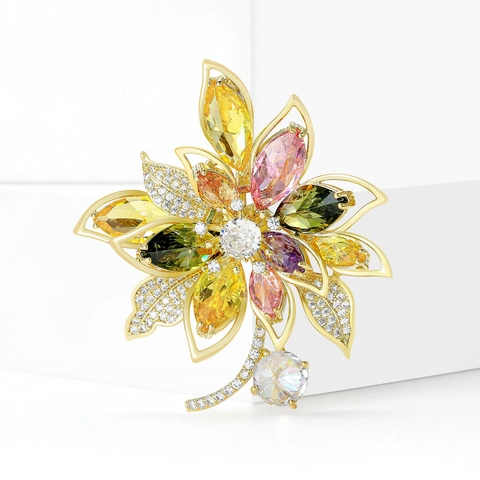 Elegant Colorful Zircon Flower Brooch For Women 14K Gold Plated Copper Floral Pin Jewelry For Suit Dress Accessories
