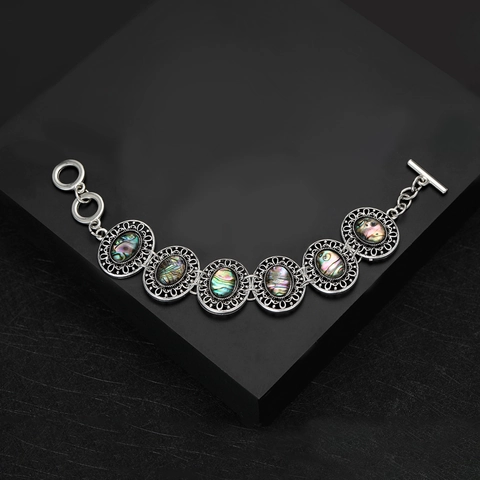 Pulsera de Aleación de Concha de Abulón Estilo Palacio Vintage de Lujo para Mujer Pulsera Calada de Concha Iridiscente Joyería Regalo