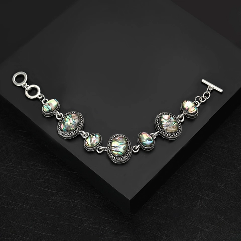 Vintage Ethnisch Abalone-Muschel Armband Silber Ton Legierung Geometrisch Knebelverschluss Emaille Schmuck Geschenk Damen Herren
